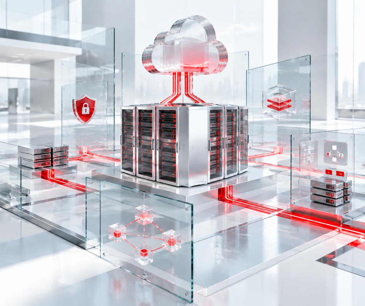 Three-dimensional illustration of connected cloud, security, data and software infrastructure